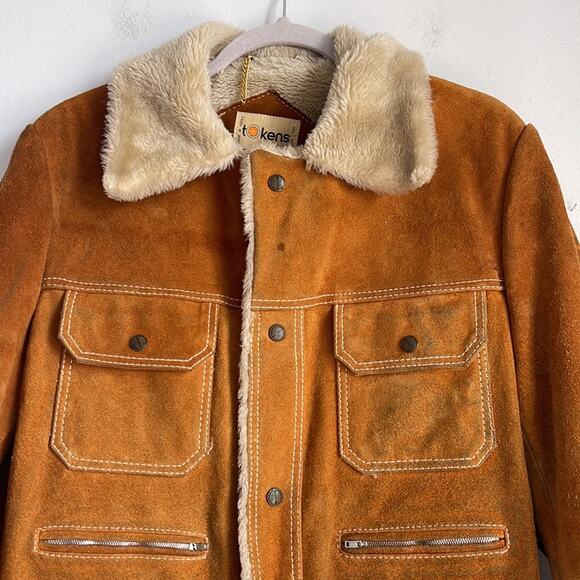 Vintage Tokens suede leather faux fur lined western rodeo rancher jacket sz L - Picture 2 of 10
